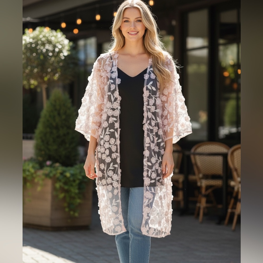 Sheer Floral Embroidered Kimono - Pale Pink